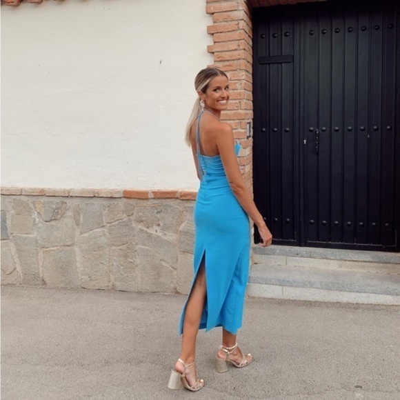 New Zara | Blue Midi Cut Out Dress - Picture 3 of 16
